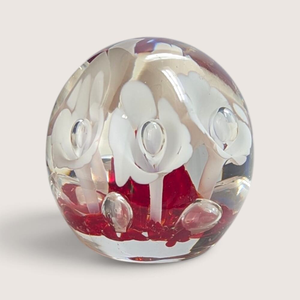 Vintage Art Glass Floral Paperweight | Red Base White Blossom Paperweight